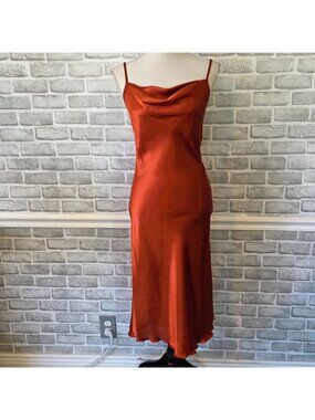 Bebe Rust Satin Slip Dress Cowl Neck 90s Minimalist Wedding Guest Nightclub S